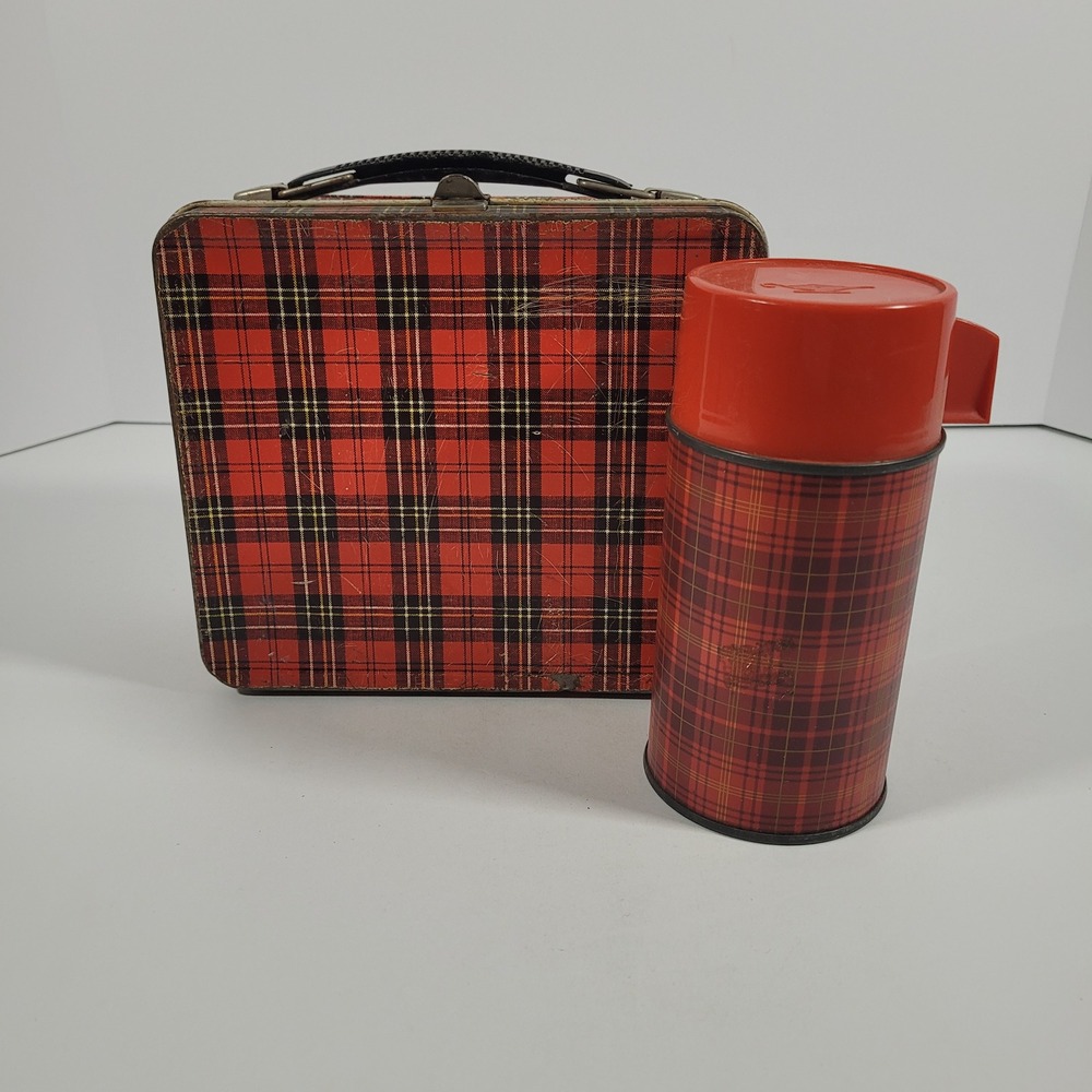 Vintage Aladdin Red Plaid Metal Lunch Box with Matching 8oz Thermos Set USA
